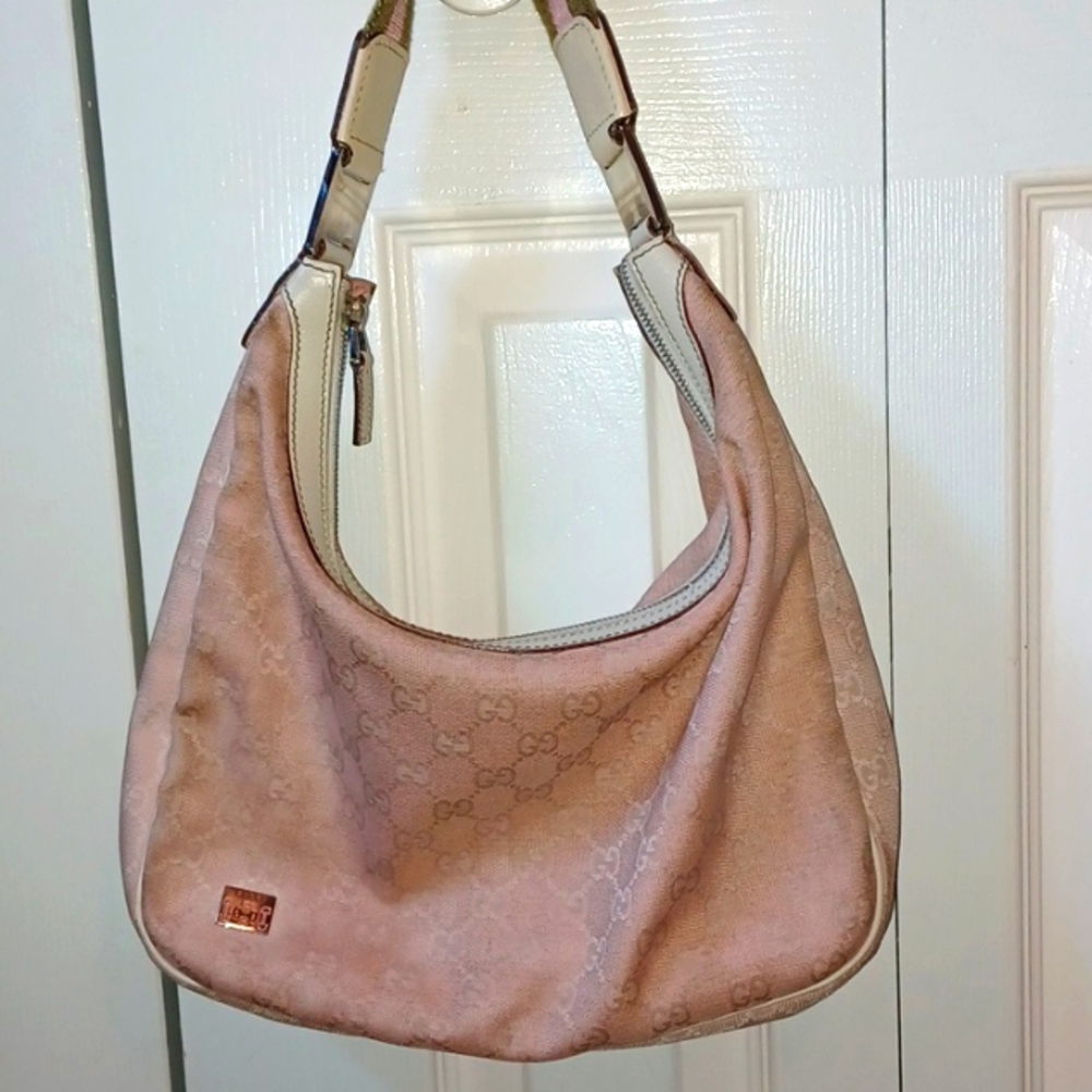 Gucci Vintage *RARE* GG Horsebit Canvas Medium Hobo Bag in Beige & Pink